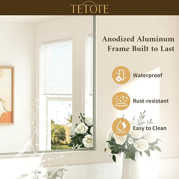 TETOTE Brushed Nickel Mirror for Bathroom Sink 24" x 32" Beveled Frame Brushed Nickel Vanity Rectangle Mirror for Bathroom Wall, Modern Farmhouse, Tempered Glass, Shatterproof, Stronger Frame