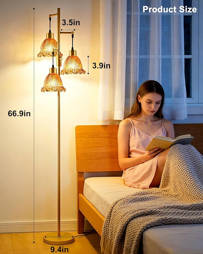 3-Light Modern Glass Floor Lamp, Gold Standing Tall Lamp with Deep Red Glass Shade for Reading, Dimmable LED Floor Lamp with 5Lbs Heavy Base for Living Room Bedroom Home Decor, Bulb Included