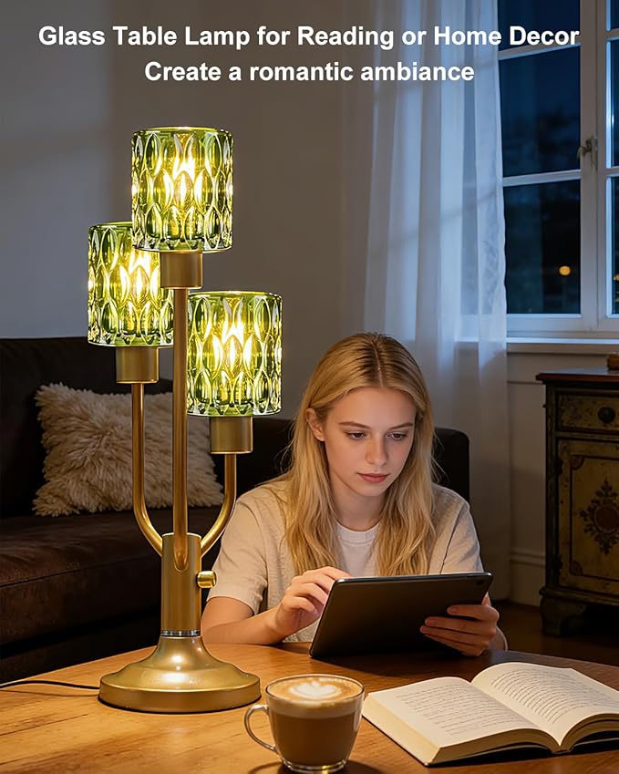 Lightdot Mid Century Modern Table Lamp for Living Room Dimmable Nightstand Lamp Gold Vintage Desk Lamp Green Glass 3 Bulbs Included Warmwhite Ambient Bedside Lamp for Bedroom Home Office Decor Gift