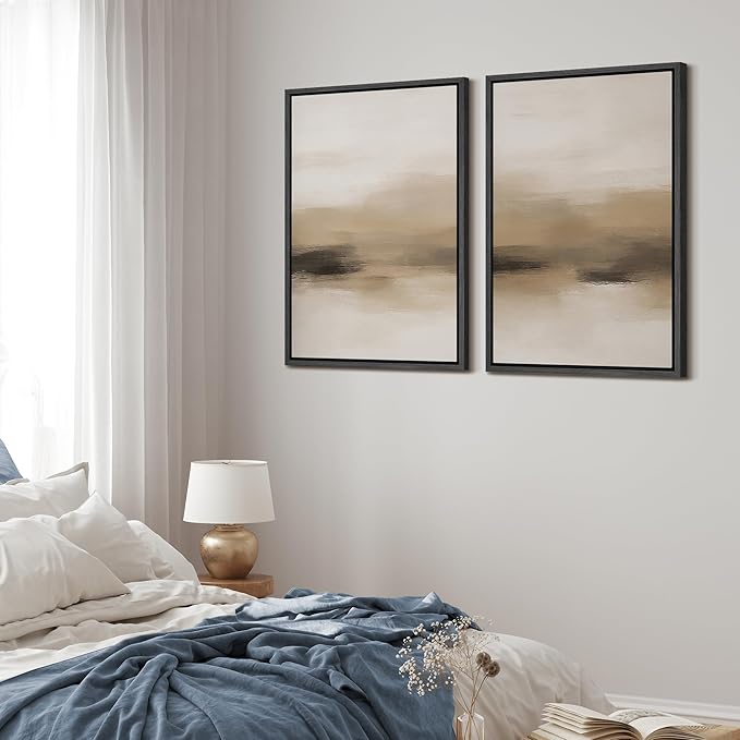 MUDECOR Framed Canvas Print Wall Art Abstract Neutral Beige Contemporary Minimalist Landscape Illustrations Modern Art Decorative Bohemian Colorful for Living Room, Bedroom, Office - 16"x24"x2 Black