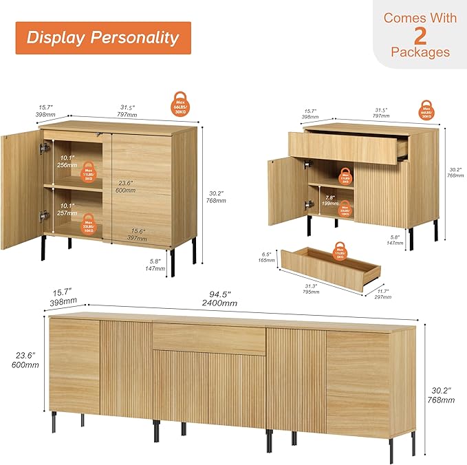 WAMPAT 94.5" Buffet Sideboard Cabinet with 1 Drawer & 6 Doors, 3-in-1 Fluted Storage Cabinet with Adjustable Shelves, Modern Buffet Table Coffee Bar Wine Bar Cabinet for Dining Room, Living Room, Oak