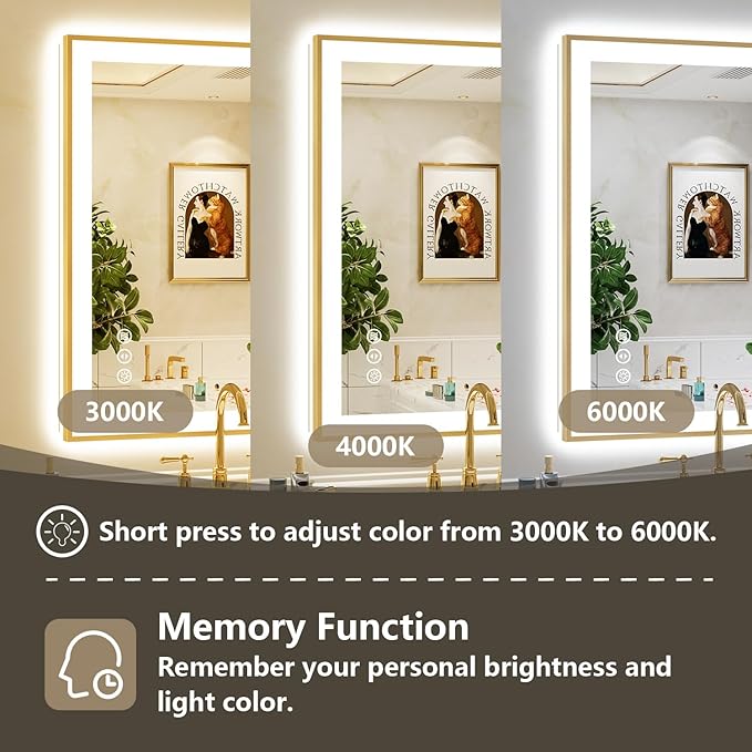 36x36 Inch LED Bathroom Mirror with Lights (Front Lit and Backlit) Gold Framed Lighted Vanity Mirror for Bathroom Wall Dimmable Anti-Fog Memory Tempered Glass Horizontal/Vertical