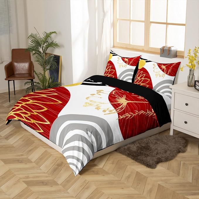 Erosebridal Red and White Modern Queen Comforter Cover for Minimalist | Abstract Mid Century Duvet Cover Bohemian Leaf Floral Botanical Bed Set Aesthetic Modern Geometric Bedding Set