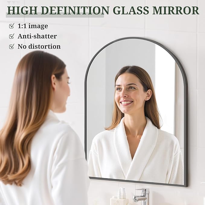 Arched Wall Mirror 30x20 Inch Black Bathroom Vanity Mirror with Metal Frame, Modern Arch Mirror for Bedroom, Living Room, Entryway, Wall Mounted Decorative Mirror