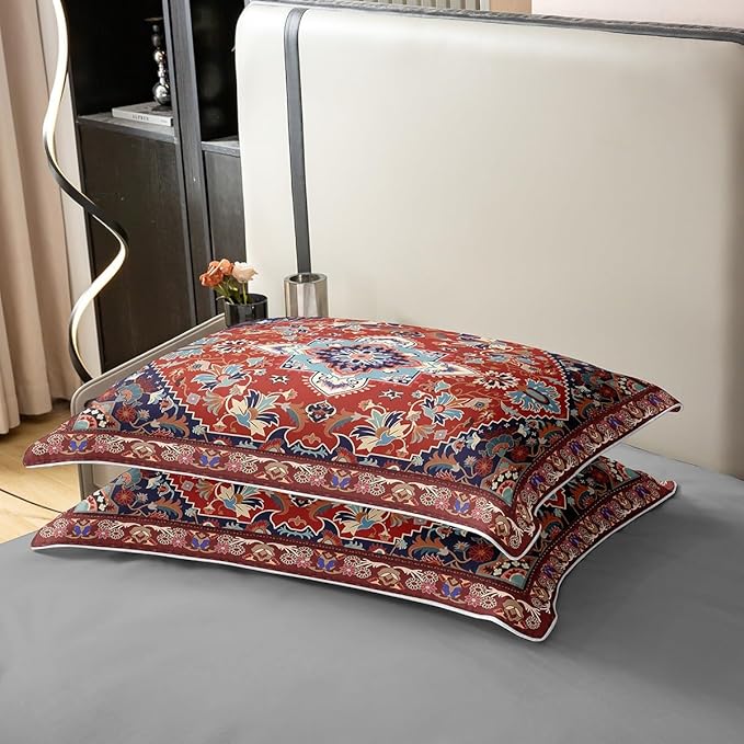 100% Cotton Retro Floral Duvet Cover Queen Tribal Exotic Bedding Set Boho Antique Fashion Retro Red Yellow Comforter Cover Vintage Bohemian Bedroom Decor Fashion Quilt Cover for Women Men
