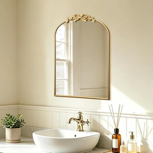Besdomus Bow Arched Gold Mirror: 22"x30" Gold Antique Vanity Wall Mounted Mirror - Vintage Baroque Traditional Ornate for Bedroom/Bathroom/Makeup Vanity - Wall Decor for Teen Girl
