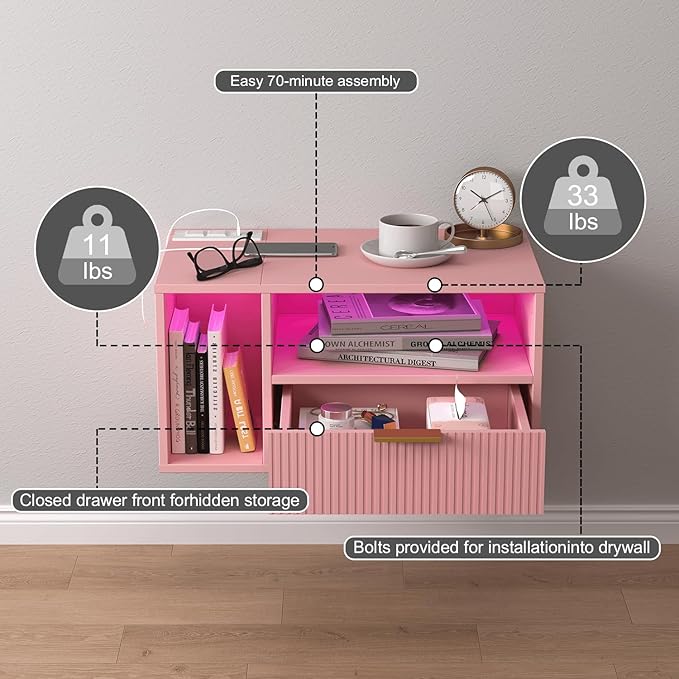 Pink Floating Nightstand with Charging Station and LED Lights,Pink