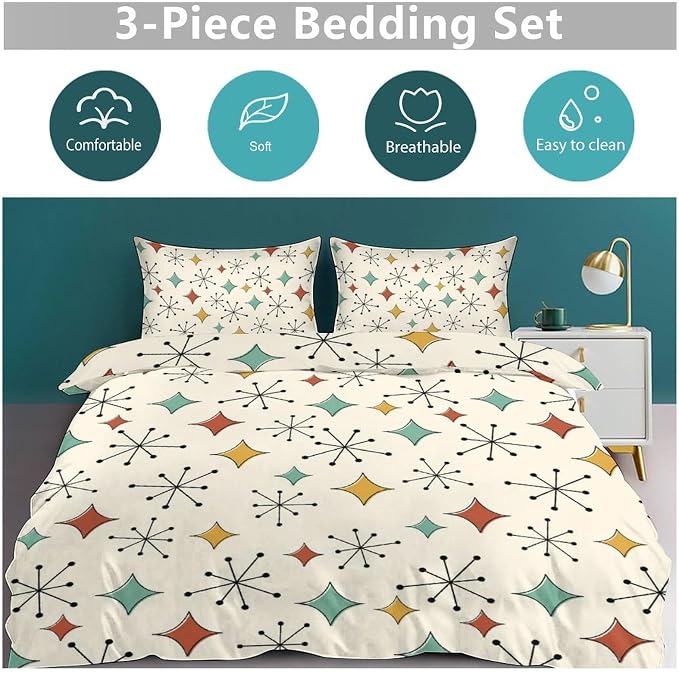Modern Geometric Bedding Set,1950s 1960s Mid Century Vintage Abstract Atomic Stars Geometric Diamond Pattern Comforter Set with Pillowcase for Bedroom Bed Decor，Twin 86"x70"