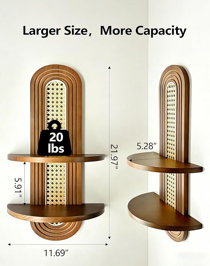 Floating Shelves for Wall,Boho Home Wall Decor,2-Tier Rattan Plant Shelf,Mid Century Hanging Small Decorative Shelf,Natural Wood Shelves for Living Room,Bedroom,House,Office,2-Pack (Walnut)