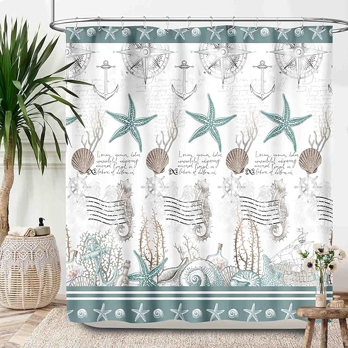 Green Nautical Shower Curtains,Summer Coral Starfish Seashell Ocean Beach Shower Curtains for Bathroom Waterproof Polyester Fabric Bathroom Curtain with Hooks,72x78Inch