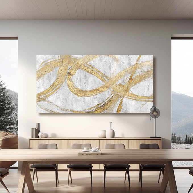 VAYIMDH Decorative Wall Art Line Painting Prints on Canvas White Living Room Wall Decor 24"x 48" Abstract Artwork Gold Picture Wall Decor for Bedroom