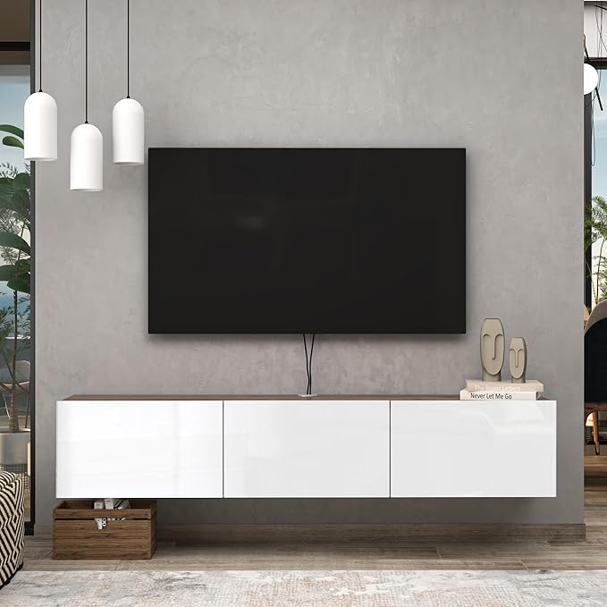 Floating TV Stand Glossy White for 65-80 Inch TV, 63" Wall Mounted TV Stand with Storage, White and Wood Floating Entertainment Center with Cable Management, Floating Media Console for Living Room