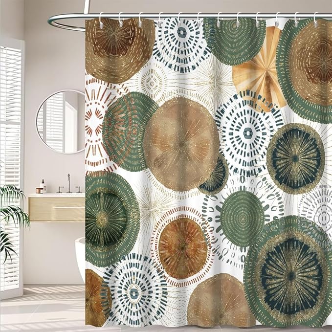 Mid Century Retro Bohemian Shower Curtain for Bathroom Green and Brown Circle Shower Curtains Abstract Geometric Design Bathroom Decor Set Washable Waterproof Polyester Fabric with Hooks 60x72 Inch