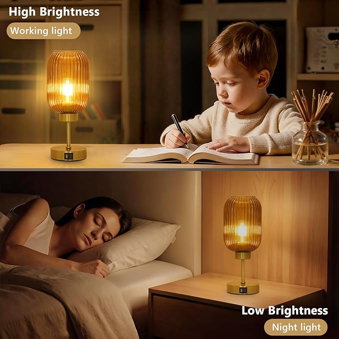 Vintage Gold Touch Table Lamp, Small Desk Lamp with Amber Glass Shade, Bulb, Charging Port, Mid Century Modern Bedside Lamp, 3 Way Dimmable Nightstand Lamp for Bedroom Living Room Home Office