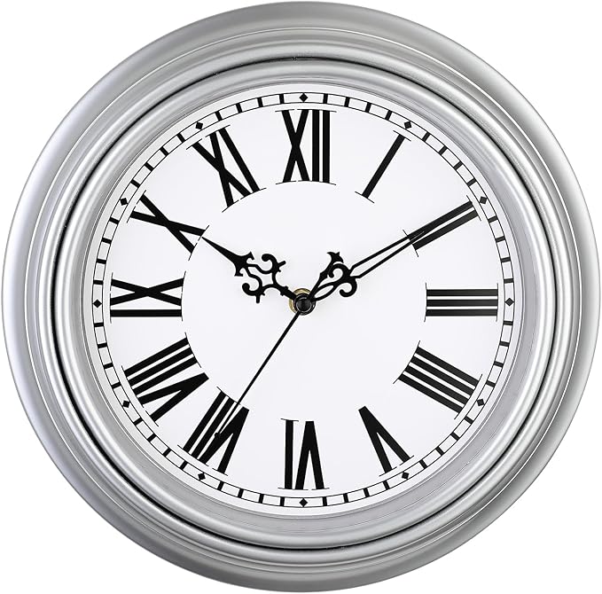 Plumeet Small Retro Wall Clock, 10'' Non Ticking Classic Silent Vintage Wall Clocks Decorative Kitchen Living Room Bedroom, Roman Numerals, Battery Operated, Silver, EM-8050-SL10