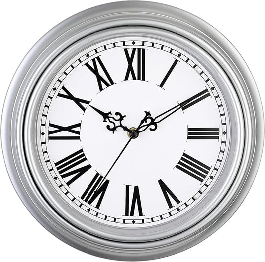 Plumeet Small Retro Wall Clock, 10'' Non Ticking Classic Silent Vintage Wall Clocks Decorative Kitchen Living Room Bedroom, Roman Numerals, Battery Operated, Silver, EM-8050-SL10