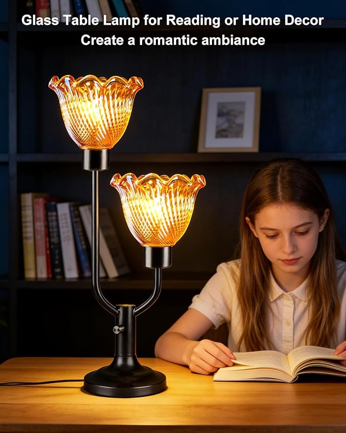Lightdot Vintage Table Lamp for Living Room Dimmable Mid Century Modern Desk Lamp Flower Amber Glass Black Nightstand Lamp 2 Bulbs Included Warmwhite Ambient Bedside Lamp for Bedroom Home Office Decor