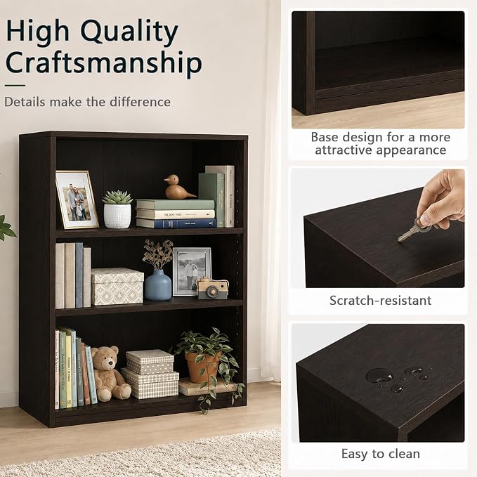 Wooden 3-Tier Bookshelf, Adjustable Open Storage Shelf Unit, 31.5" Tall Bookcase（Chocolate）