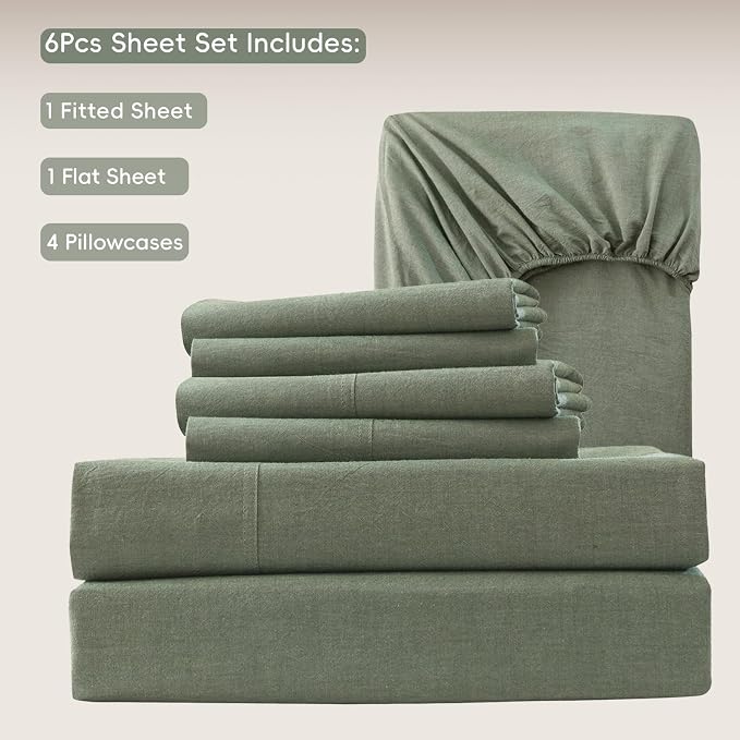 MooMee Bedding Sheet Set 6Pcs 100% Washed Cotton Linen Like Textured Breathable Durable Soft Comfy (Heathered Green, King)