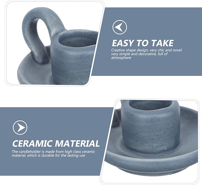 DOITOOL 2Pcs Ceramic Candle Holder Candlestick Holder with Handle, Taper Candle Stand Candlelight Stand Holder Decorative Candle Display Holder for Desktop Dining Room Home Decoration Display (Blue)