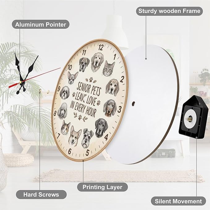 Adorable Pet Breeds Art Wooden Wall Clock Silent Non Ticking for Living Room Bedroom Kitchen Office | Cute Animal Lover Home Decor Gift, Battery Operated 10/12 Inch Frameless