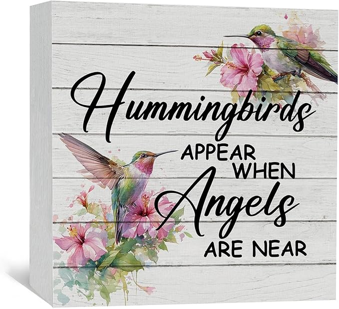 Hummingbird Decor, Hummingbird Gifts For Women, Hummingbirds Appear When Angels Are Near Wooden Box Signs, Farmhouse Floral Bird Wood Decoration Home Decor For Desk Table Shelf 6x6 Inch Decorative Signs & Plaques