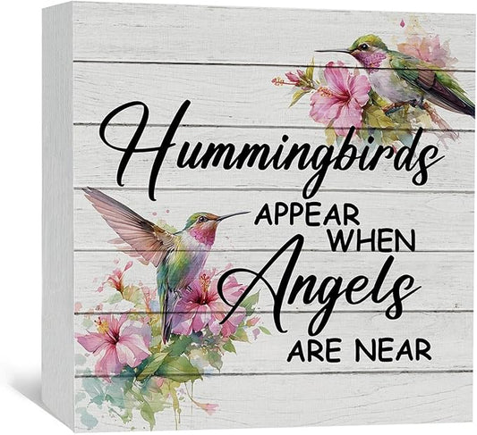 Hummingbird Decor, Hummingbird Gifts For Women, Hummingbirds Appear When Angels Are Near Wooden Box Signs, Farmhouse Floral Bird Wood Decoration Home Decor For Desk Table Shelf 6x6 Inch Decorative Signs & Plaques