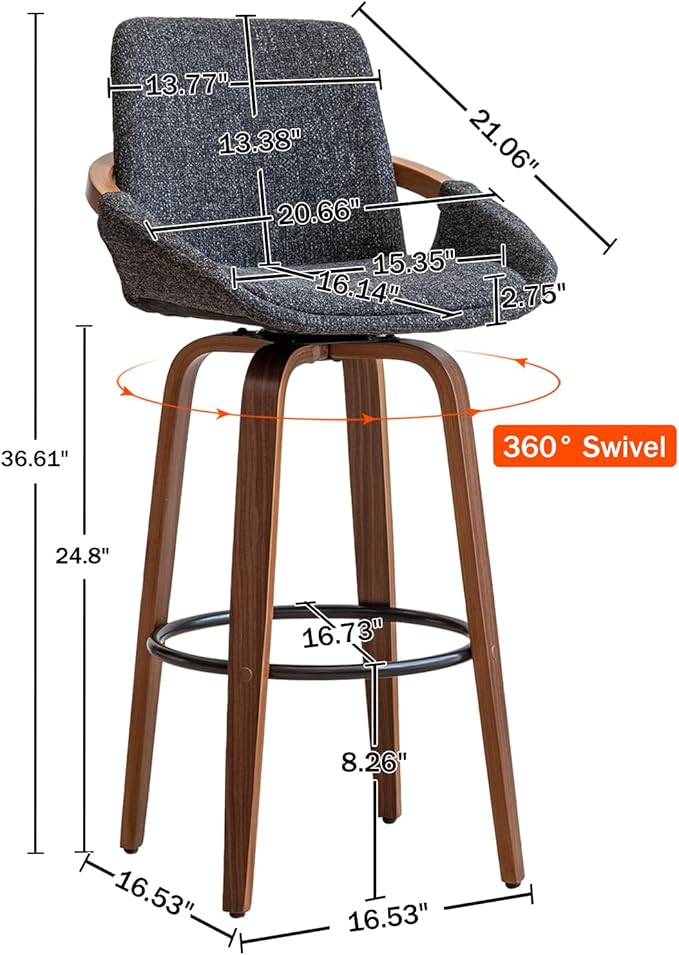 LUNLING 25.6" Counter Height Bar Stools Set of 3 Mid Century Modern Retro Bar Chairs Charcoal Darkgray Linen Look Fabric Upholstered and Walnut Wood Frame Barstools for Home Bar Furniture
