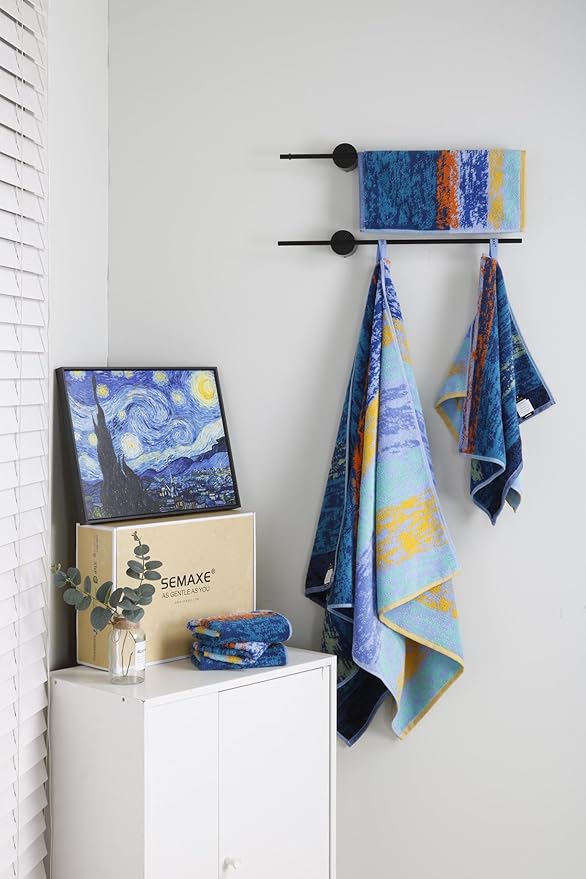 SEMAXE 18-Pack Bath Towel Set Include 6 Bath Towels, 6 Hand Towels, 6 Wash Cloths, 100% Cotton Bathroom Towels with Hanging Loops, Soft & Absorbent Towel, Colorful Towel - The Starry Night Collection
