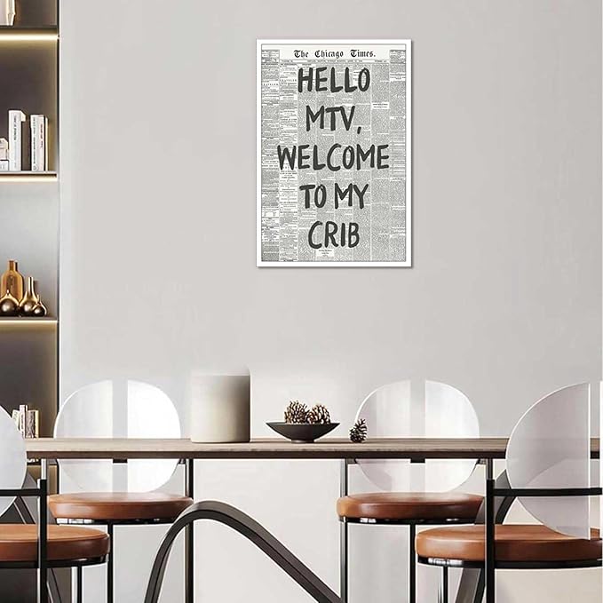 Drimiler Hello Mtv Welcome To My Crib Poster Vintage Black And White Newspaper Canvas Wall Art Positive Affirming 70'S Room Aesthetic Prints Painting For Home Bedroom Dorm Wall Decor 12x16in Unframed