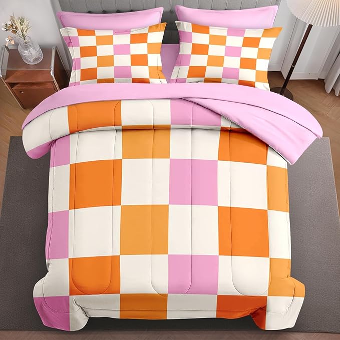 5Pcs Comforter Set Twin Size, Pink Orange Plaid Buffalo Checkered, Bed Decor Hippie Retro 70s Geometric Checkerboard Grid Bedroom Bedding Flat Sheet Fitted Sheet Pillowcases Kids and Adults