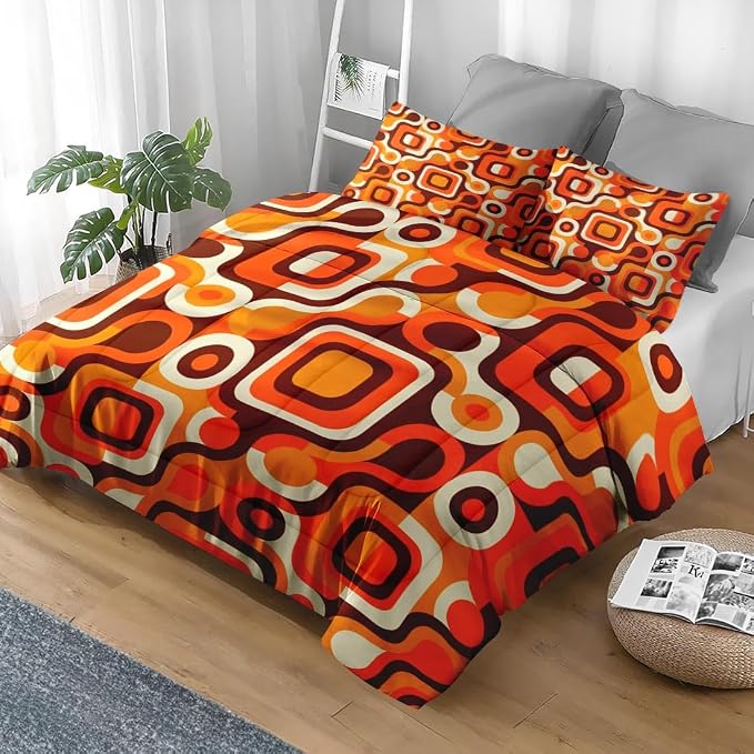 Pamnest Comforter Set Twin Size, 70S Retro Orange Soft Bedding for Kids and Adults, Abstract Brown Yellow Beige Comforter Set with Pillowcases for Bedroom Bed Decor