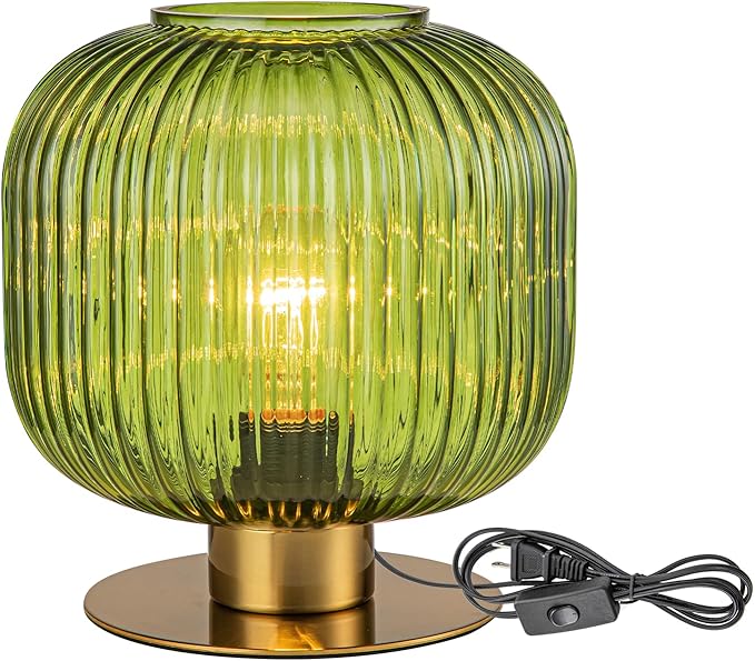 Glass Globe Table Lamp, Mid Century Modern Green Table Lamp, Vintage Gold Bedside Lamp with Ribbed Glass Shade, Cute Desk Lamp Small Decorative Lamp for Bedroom Nightstand Living Room End Table