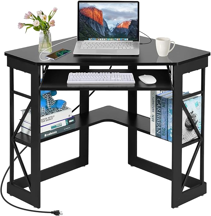 VECELO Corner Desk, Triangle Computer Desk for Small Space with Charging Station and Keyboard Tray, Corner Makeup Table with Storage Shelves for Home Office Bedroom, 41x30, Balck