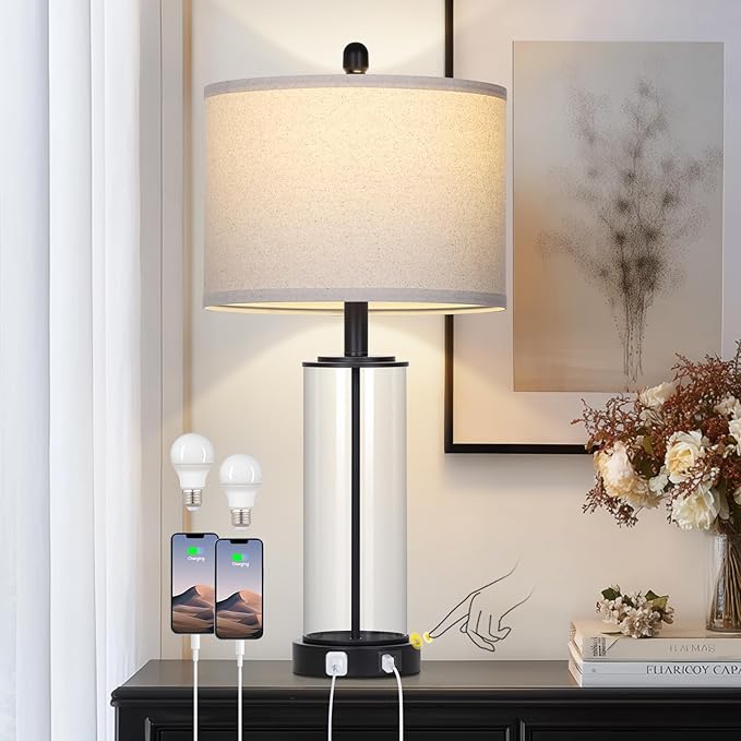Ruzectt 26" Glass Table Lamp Single, 3-Way Dimmable Touch Control Living Room Lamp with USB C+A Ports & AC Outlet, Modern Bedside Lamps, Bedroom Lamps for Nightstand Side End Table Desk, Black-1PK