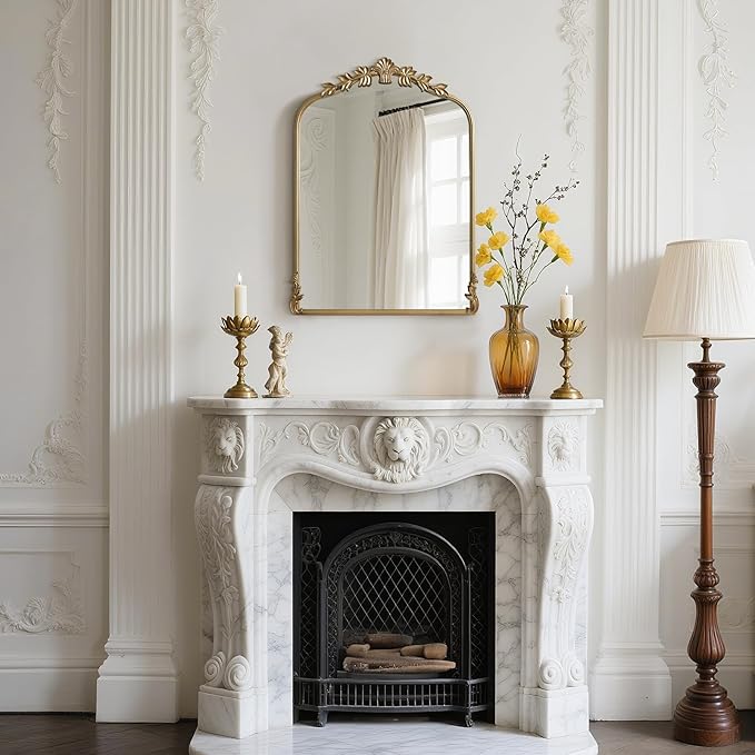 WallBeyond Gold Antique Mirror for Vanity 22x30 Inch, Gold Vintage Mirror with Ornate Frame, Arched Vintage Wall for Bathroom, Living Room, Fireplace