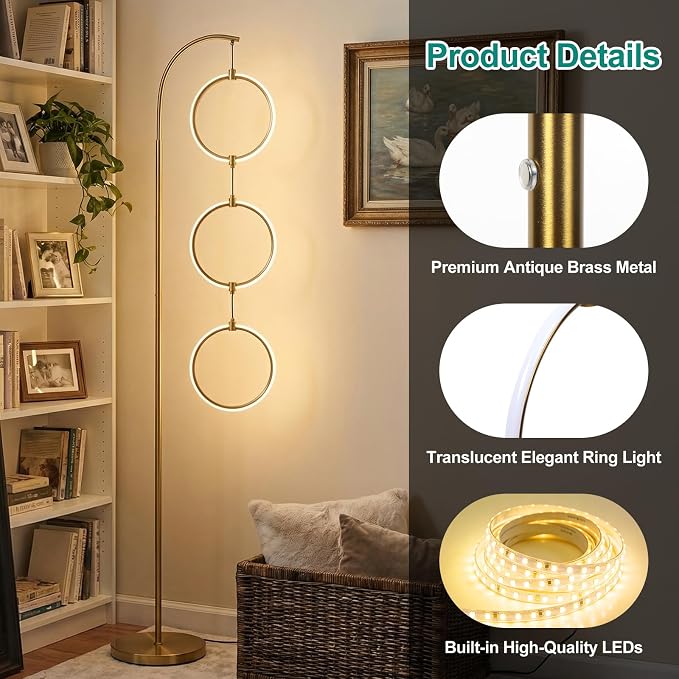Bairth Gold 3-Light LED Floor Lamp, Modern Arc Floor Lamp for Living Room, Industrial Stepless Dimmable & 3-Way Dimmable Tall Arch Standing Floor Lamp for Reading, Bedroom, Office, Antique Brass