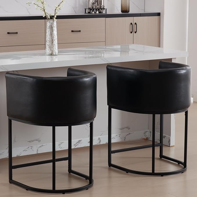 PU Leather Bar Stools Set of 3, Modern Upholstered Counter Height Bar stools 24" Leather Barstools Barrel Kitchen Counter Island Stools with Black Metal Base, Black