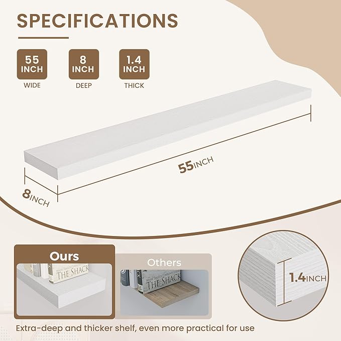 Dreamland 55 Inches Floating Shelves for Wall, 8" Deep Long Floating Shelves Set of 1, Large Display & Storage Shelf, Wall Shelf for Bathroom Bedroom Living Room Kitchen Office, White