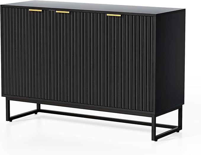 Fluted Storage Cabinet with 3 Doors, Sideboard Buffet Cabinets Adjustable Shelves, Credenza Console Table Cabinets for Living Room, Black