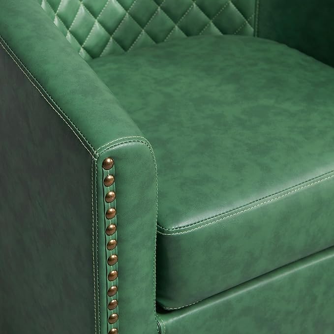 KINWELL 29" Wide Tufted Faux Leather Swivel Barrel Chair, PU Leather Modern Upholstered Accent Chairs with Nailhead Trim, Small Armchair for Living Room Bedroom, Green