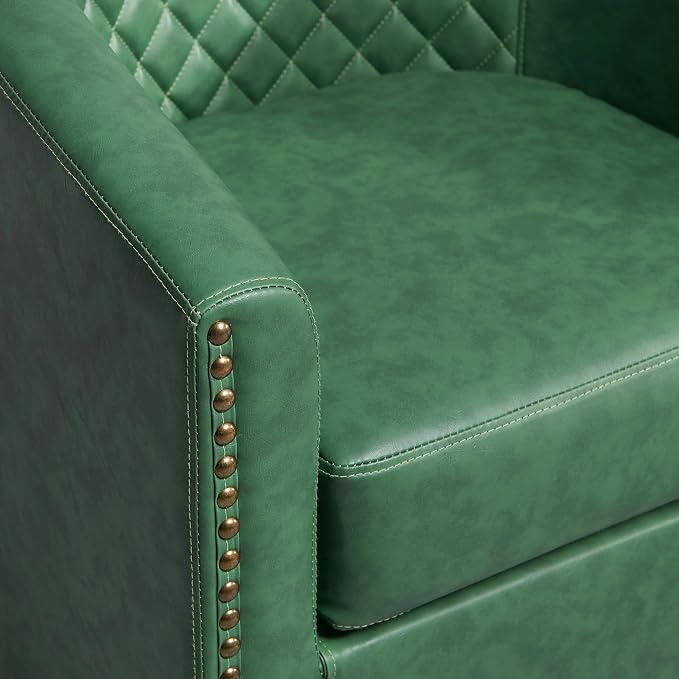 KINWELL 29" Wide Tufted Faux Leather Swivel Barrel Chair, PU Leather Modern Upholstered Accent Chairs with Nailhead Trim, Small Armchair for Living Room Bedroom, Green