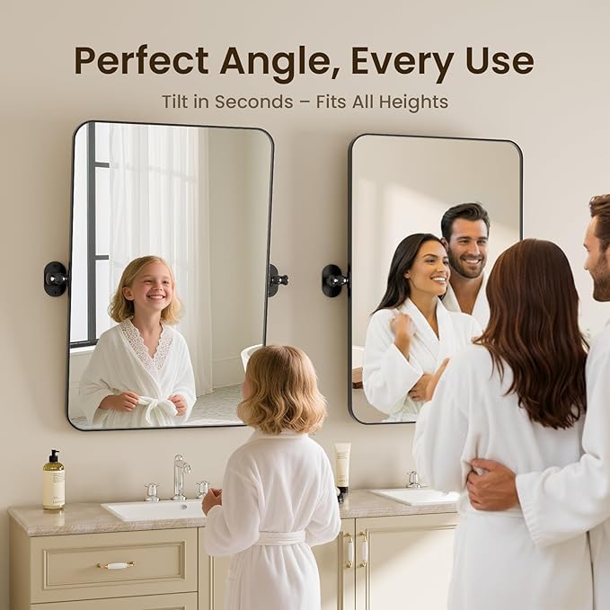 Pivot Mirror 24x36 Adjustable Tilting Rectangle, Matte Black Metal Frame Bathroom Vanity Mirror, Horizontal/Vertical Mount, HD Shatterproof Glass for Farmhouse/Modern Bathroom Over Sink