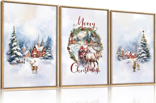 HPINUB Christmas Santa Reindeer Framed Canvas Wall Art Set Sleigh Deer Winter Snow Forest Tree Wall Decor Wonderland Art Print for Living Room,Bedroom,Party-24 x36 x3