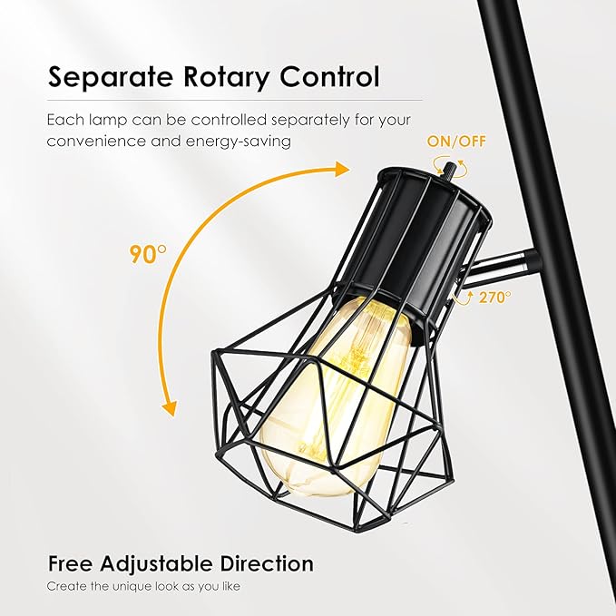 BoostArea Industrial Floor Lamp,Standing Lamp,Farmhouse Tree Floor Lamps with 3 Adjustable Cage Heads,E26 Socket,Independent Control,Floor Lamp for Living Room,Bedroom,Rustic Home(No Bulb)