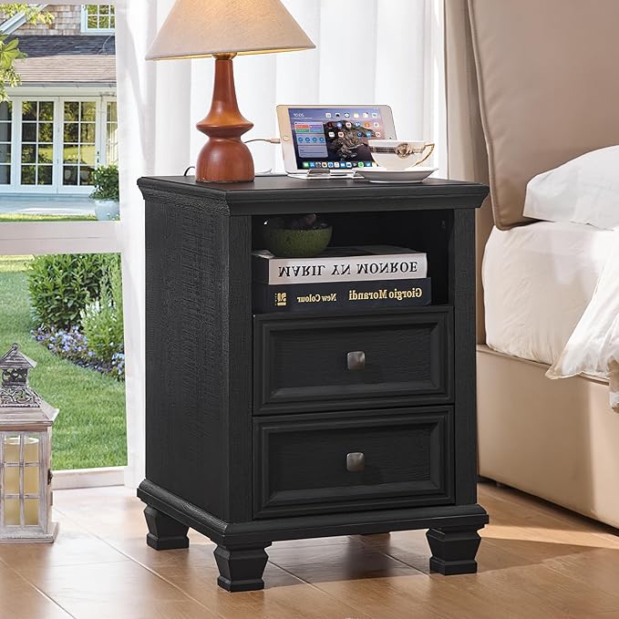Farmhouse Side Table with Charging Station, Rustic Black Nightstand with Drawers, Bedside Table with Open Shelf for Bedroom, Black