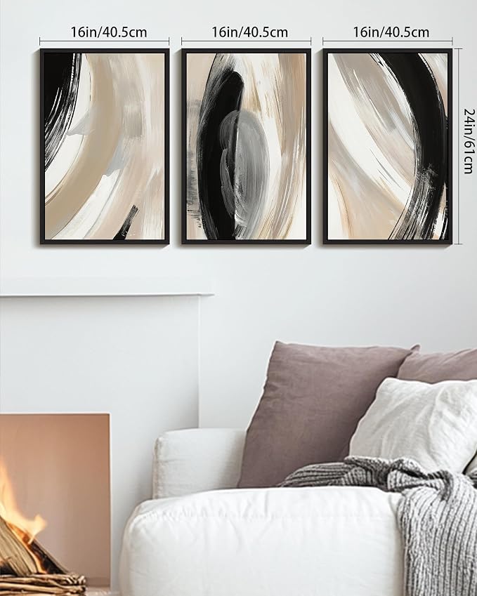 KUVIOKE Black Abstract Framed Wall Art Neutral Minimalist Graffiti Pastel Wall Decor Modern Illustration Art Painting for Bedroom Dining Room 16x24in (Black Framed)