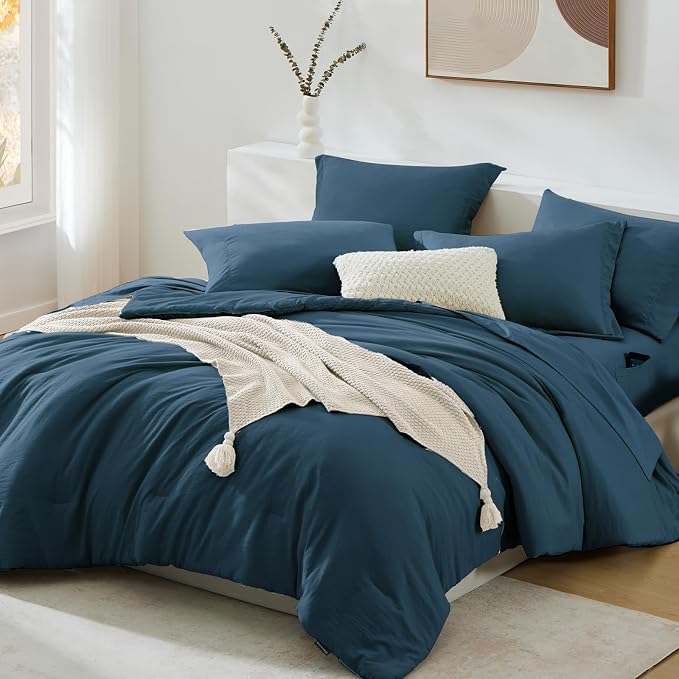 WRENSONGE Queen Comforter Set- 7 Pieces Soft Blue Bed in a Bag with Fitted Sheet, Flat Sheet, 2 Pillow Shams, and 2 Pillowcases- Warm Bedding Sets Queen for All Season