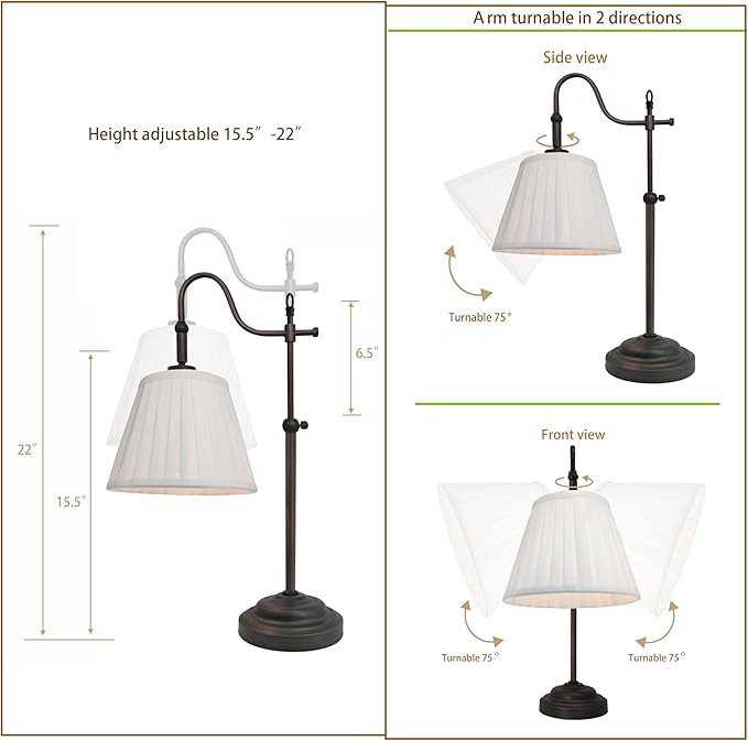 Farmhouse Desk Lamps, Reading Bedside Table Lamp for Living Room, Vintage Industrial Swing Arm Pleated Light for Bedroom, E26