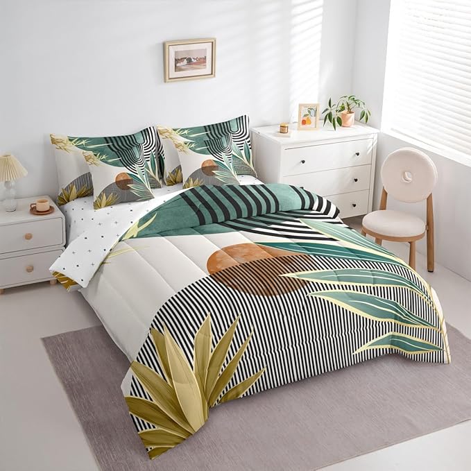 Erosebridal 7 Piece Boho Mid Century Bedding Sets Queen Modern Abstract Geometric Comforter Set for Women Men,Retro Minimalist Aesthetic Bed in a Bag Line Art Sheet Set with Comforter,Green